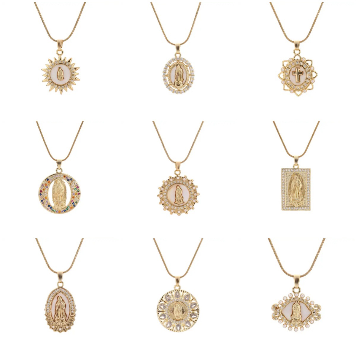 European and American retro sacred religious accessory necklace, copper micro-inlaid zircon Virgin Mary pendant, cross collarbone chain details Picture