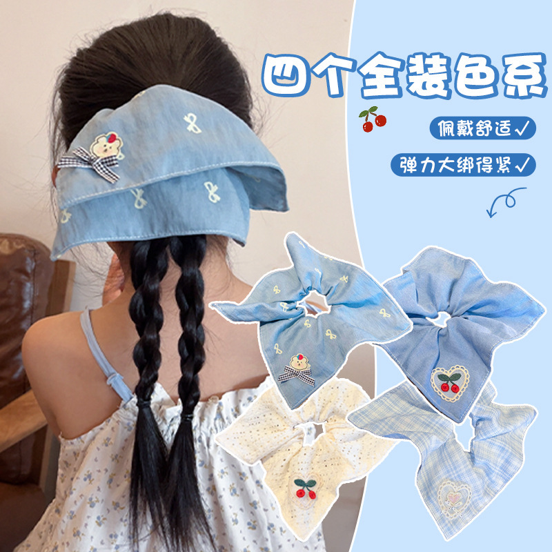 Children's square scarf, large intestine hair band, new high-end style for girls, low ponytail hair tie, fashionable hair accessory for little girls full figure