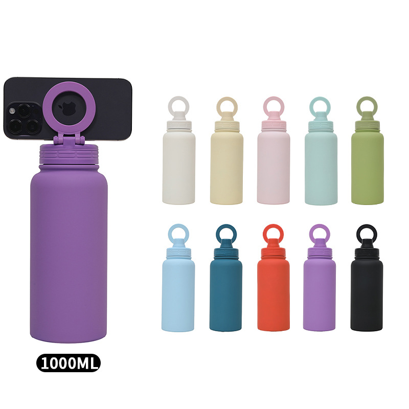 New large-capacity 1L insulated cup, mobile phone magnetic stand water cup, high appearance level stainless steel outdoor sports water cup full figure