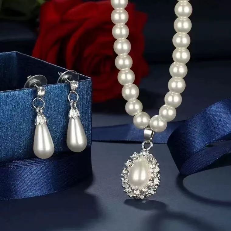 wish Jewelry Set: Fashionable Pearl Necklace, Earrings, Stud Set, Elegant Sparkling diamond Water drop Accessories N5051 Specification drawing