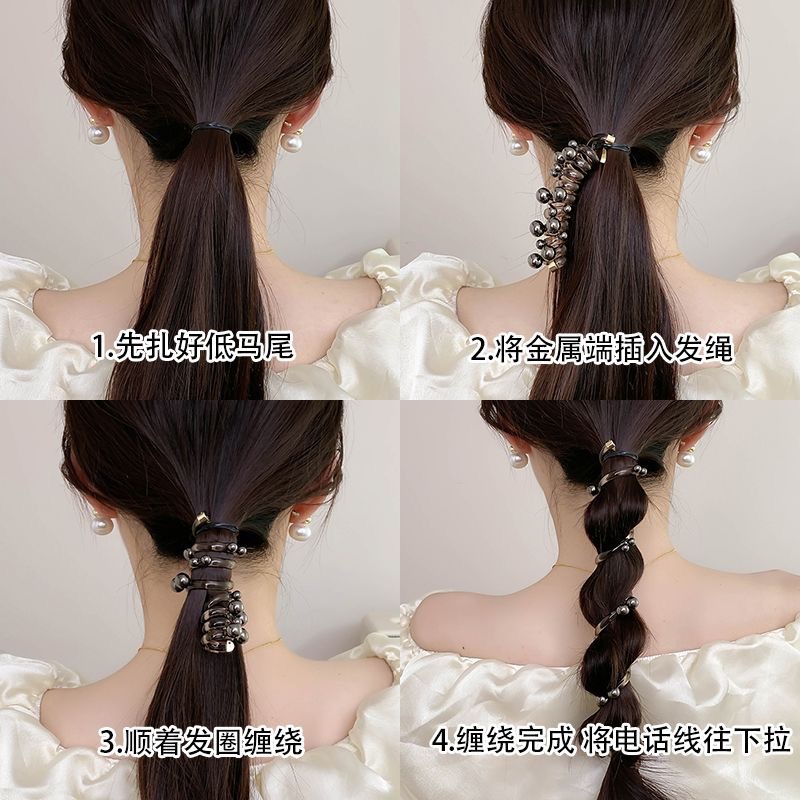 Korean-style pearl straight telephone line hair tie, a perfect tool for high school girls' ponytails, elegant bubble braid hair tie, fashionable braided hair tie Specification drawing