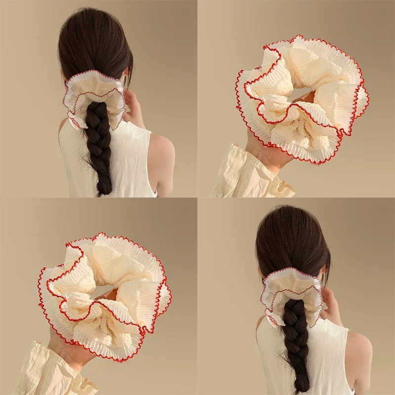 French lace double-layer large intestine hair band, women's high-end bun hair rope, 2025 new sweet ballet-style hair accessory Specification drawing