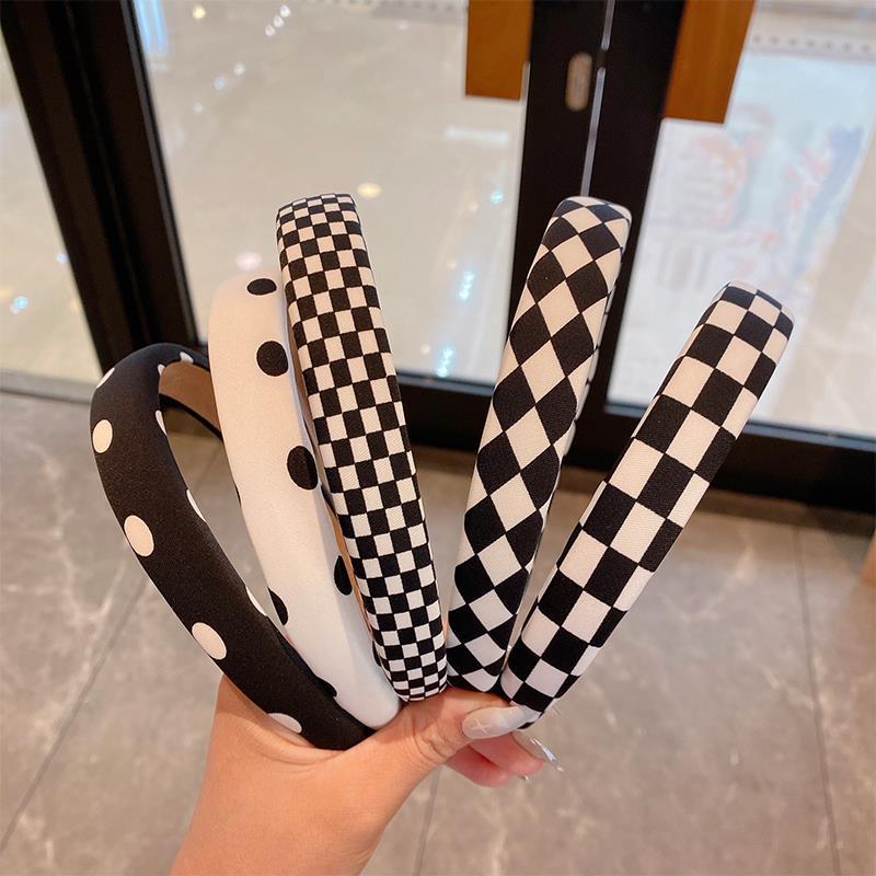 Retro black and white checkered hair band headband for women's autumn and winter, thin sponge hairpin, French high top headwear full figure
