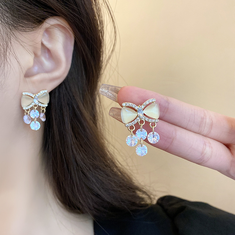 S925 silver needle exquisite micro-inlaid bow zircon earrings, high-end women's fringed stud earrings, versatile and elegant earrings details Picture