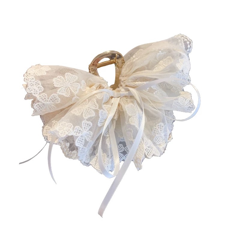 Super ethereal lace grappling clips for women, high-end embroidered four-leaf clover hair clips, back of the head updo, shark clips, hair clips, and hairpins Item Picture