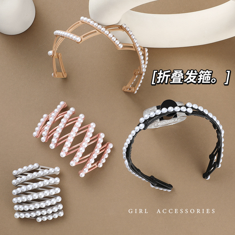 Extendable and foldable hair band for women, pearl style, non-constricting, 2024 new hairpin travel, portable facial cleansing headband details Picture