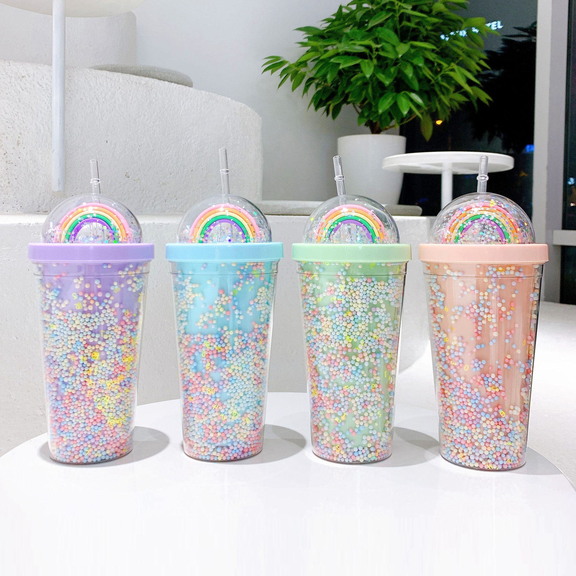Korean version plastic cup, double-layer with straw, popular Instagram water cup, teenage girl's home, office, breakfast, milk and juice cup details Picture