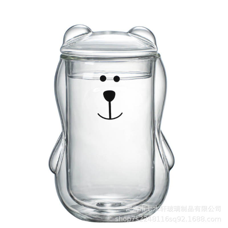 New double-layer covered creative cartoon bear cup, breakfast cup, coffee cup, water cup, double-layer cup, double-layer insulated cup Item Picture
