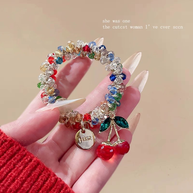 Korean water diamond, colorful crystal bracelet, dual-purpose hair band, hair tie, best friend hair tie, cherry leather band, ponytail, headwear for women Specification drawing