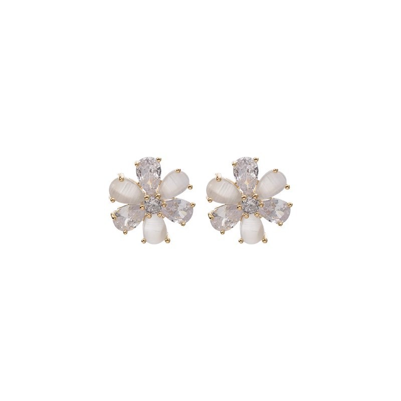 Light luxury, niche and high-end cat's eye stone flower ear studs, fashionable and versatile for women, simple and exquisite zircon earrings Item Picture