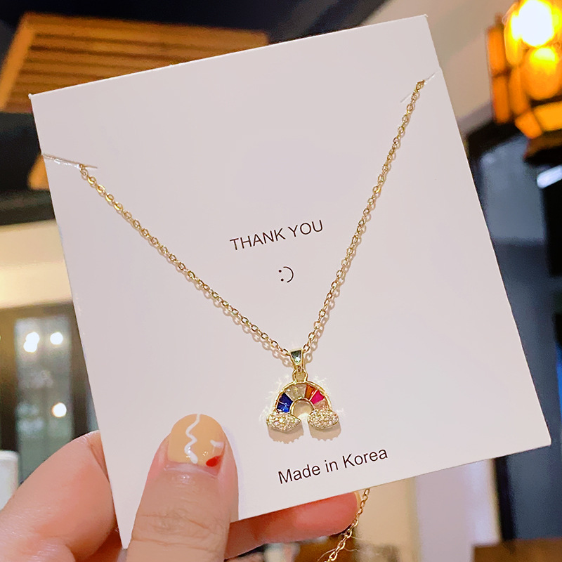 A genuine gold electroplated colored zircon rainbow necklace for women, a light luxury titanium steel collarbone chain, a high-end and versatile accessory details Picture