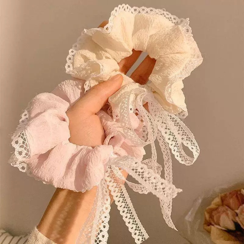 Korean-style gentle bow, large intestine hair band, high-end feminine pink ribbon, lace ribbon, hair rope, hair accessory and headwear full figure