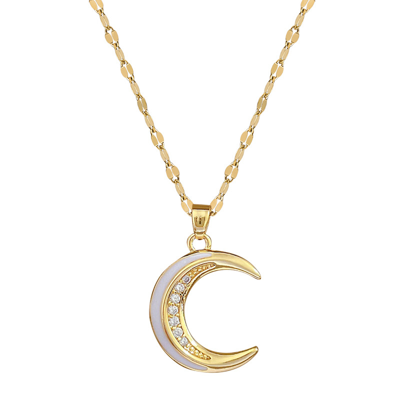 【 Titanium Steel 】 Oil-dripping moon, light luxury and elegant, full diamond necklace, versatile collarbone chain for female Internet celebrities, titanium steel chain Item Picture