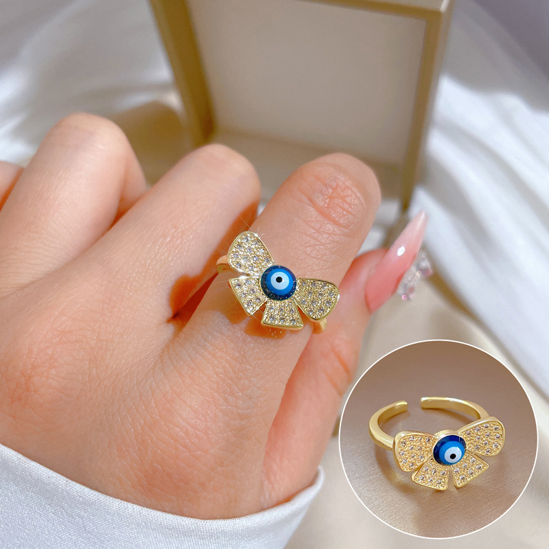 【 Real Gold 】 Butterfly Eye Zircon ring with adjustable opening, simple Japanese-style bracelet, couple rings full figure
