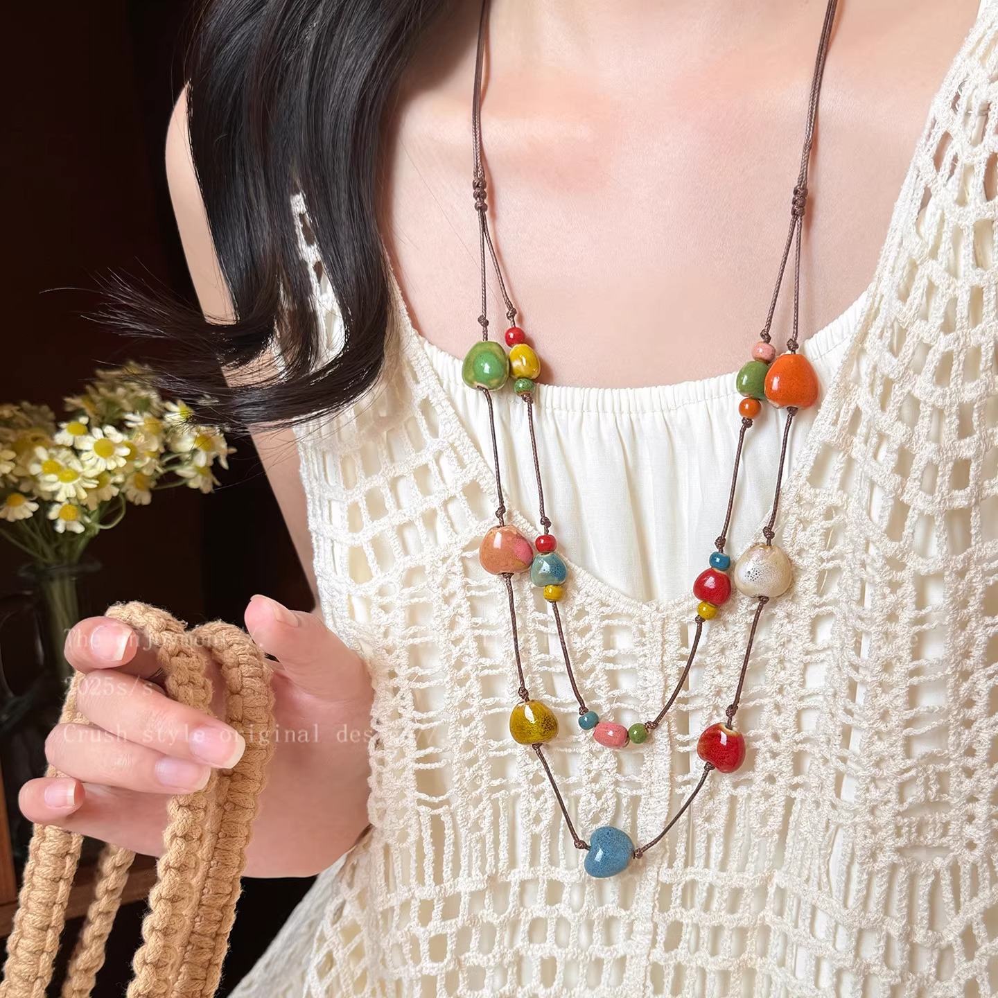 Rainbow Candy ~ Ceramic heart-shaped collarbone chain, women's summer dopamine double-layer layered necklace, simple and versatile accessory full figure