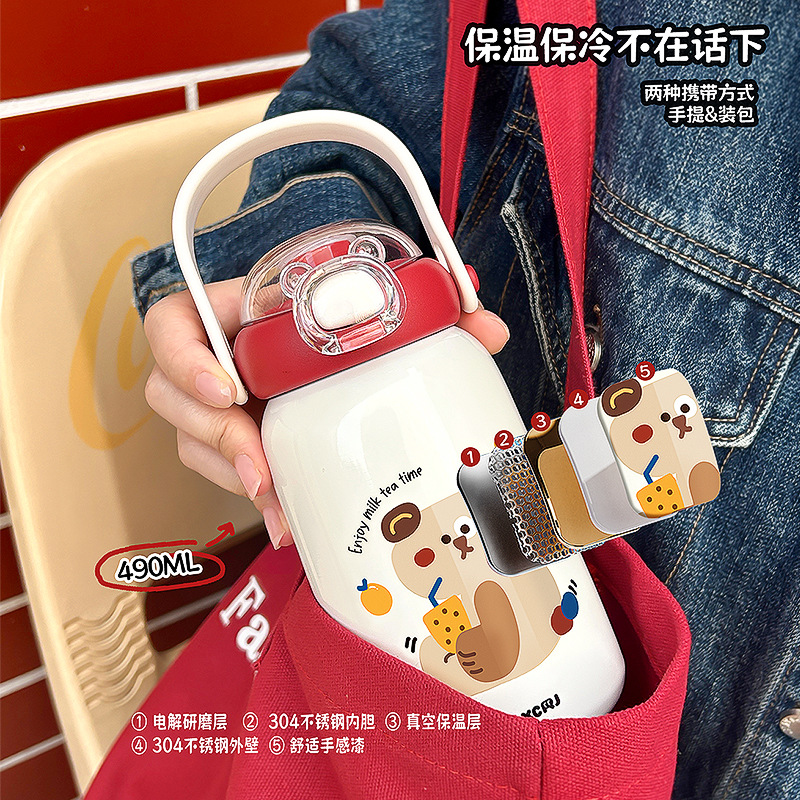 Cute new children's insulated cup, high appearance level student portable hand-held water cup, 316 stainless steel double-drinking straw cup Application Scenario