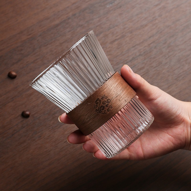 Vertical pattern high borosilicate glass single-layer cup with wooden ring insulation tea brewing cup, office large-capacity coffee and milk tea cup details Picture