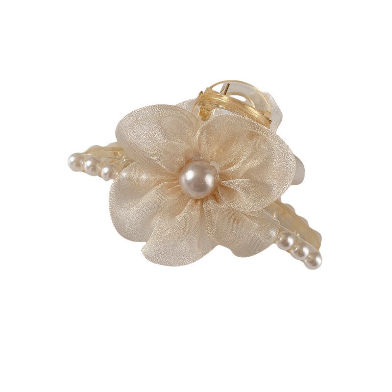 Mesh flower pearl gripper, elegant shark clip, high-end feel, women's back head clip, headwear, hair clip, hair accessory Item Picture