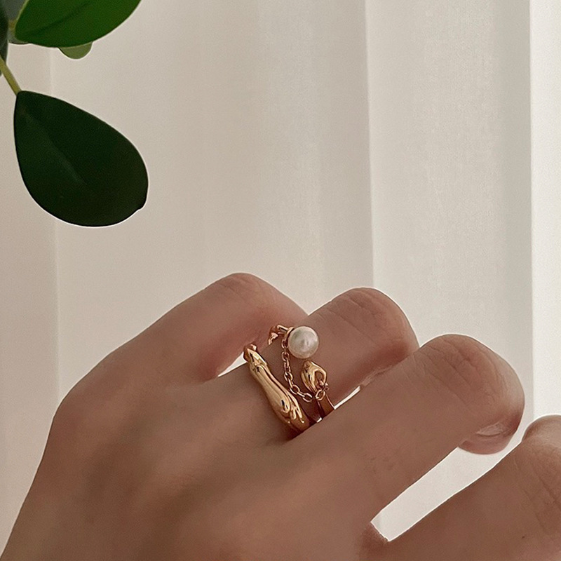 Double-layer irregular metal pearl open ring, a unique design for women, retro, individual, simple and versatile, elegant ring details Picture