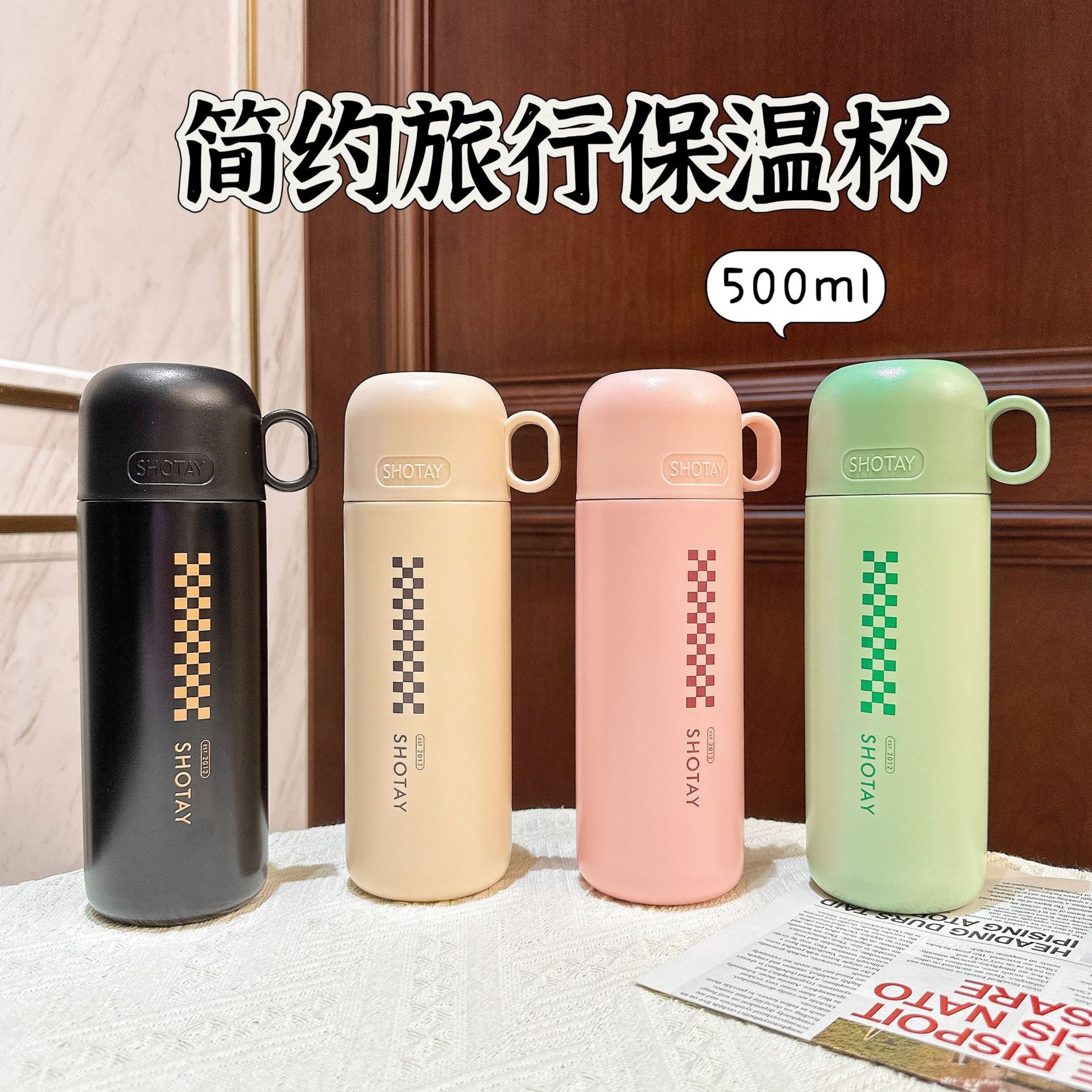 Portable student coffee cups with dual LIDS, simple couple water cups as gifts, outdoor spring-lid stainless steel cups wholesale details Picture