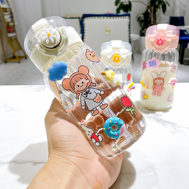 Glass straw cup, ins style creative vertical pattern forest-themed fresh water cup, portable leak-proof, high-temperature resistant, pop-up lid, portable cup details Picture
