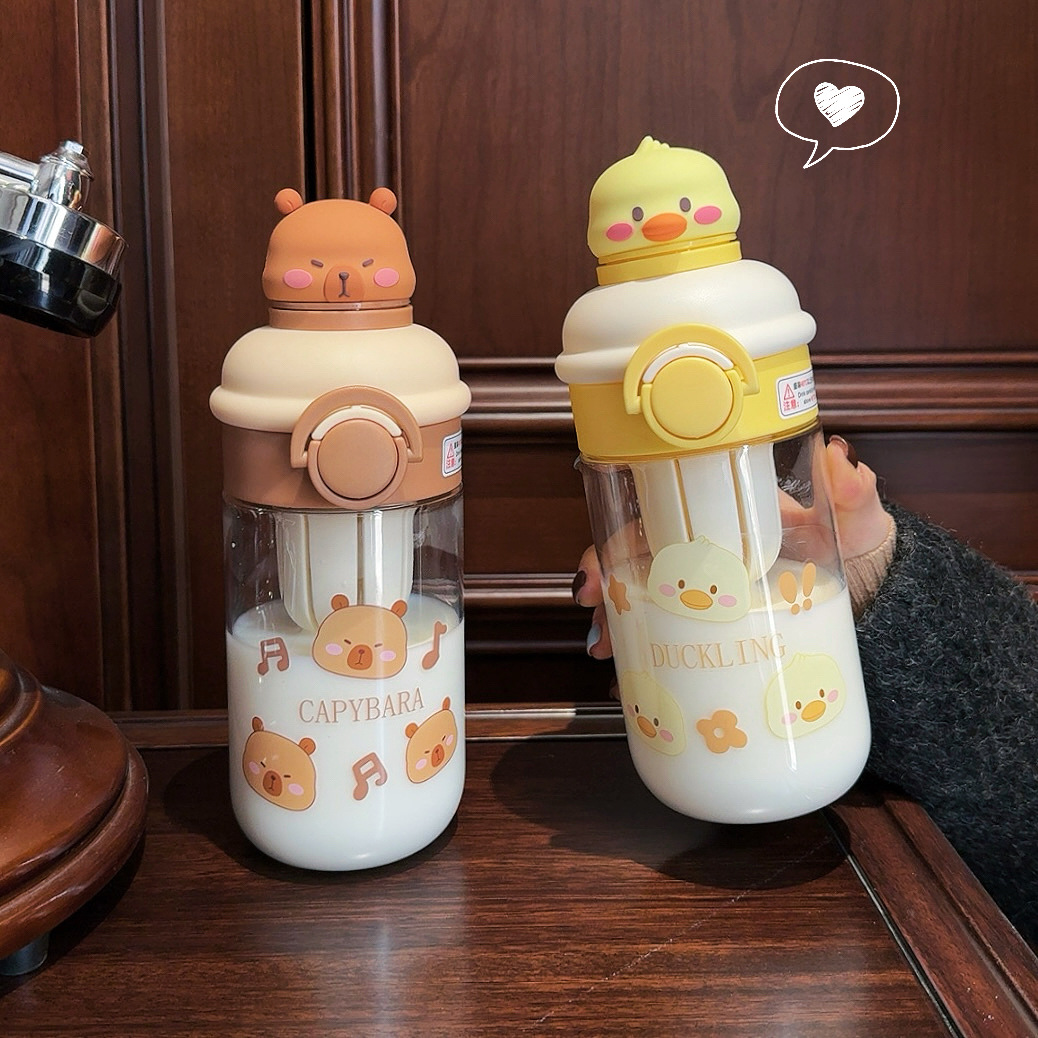 Cute Capibara water cup, high appearance level cartoon student double-drinking straw cup, portable tea-making anti-drop plastic cup Specification drawing