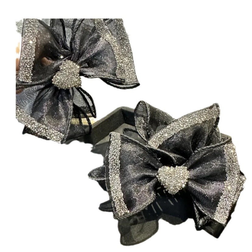 Diamond-encruted mesh bow braid grab clip for women 2024 new high-end style updo hair clip, semi-tied shark hair clip Item Picture