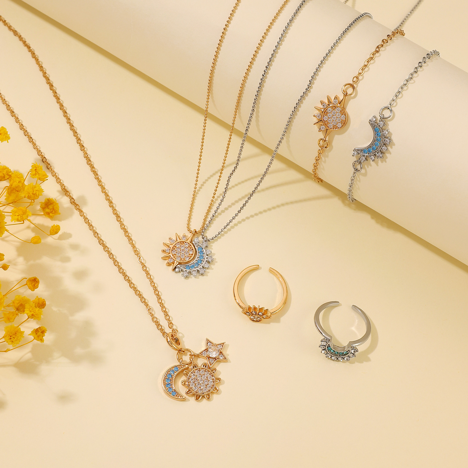 European and American ins diamond-encrusted sun and moon ring, bracelet, necklace, jewelry set, women's sun and moon earrings, cross-border accessories details Picture