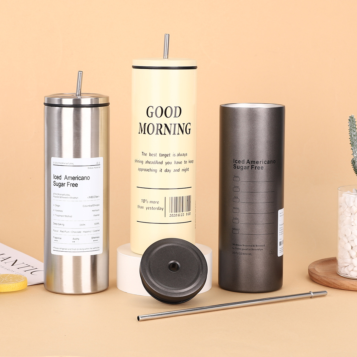 Factory direct supply iced American coffee cups, 304 stainless steel portable straw insulated cups, simple business gift water cups Specification drawing
