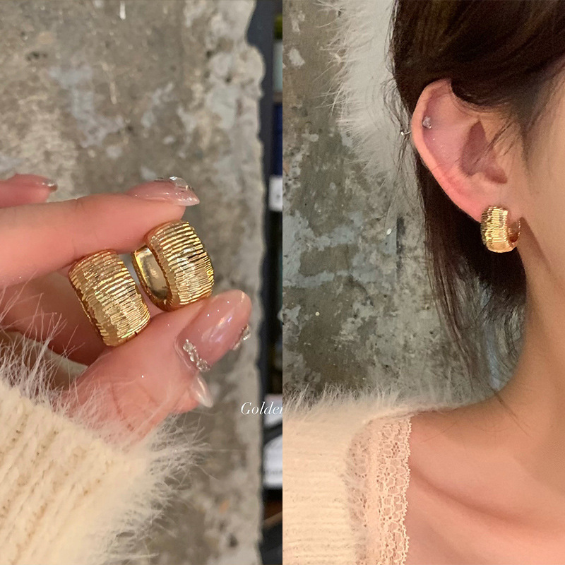 High-quality metal texture U-shaped ear buckles for women in autumn and winter, light luxury, niche, versatile and unique metal brushed ear stud earrings full figure