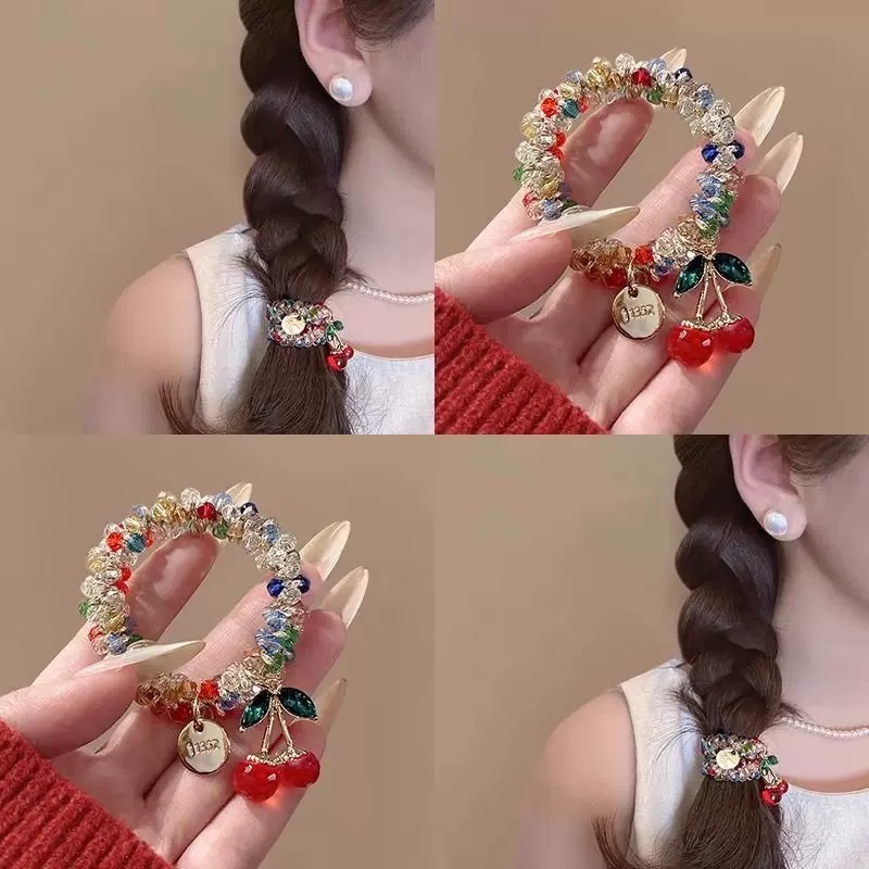 Korean water diamond, colorful crystal bracelet, dual-purpose hair band, hair tie, best friend hair tie, cherry leather band, ponytail, headwear for women full figure