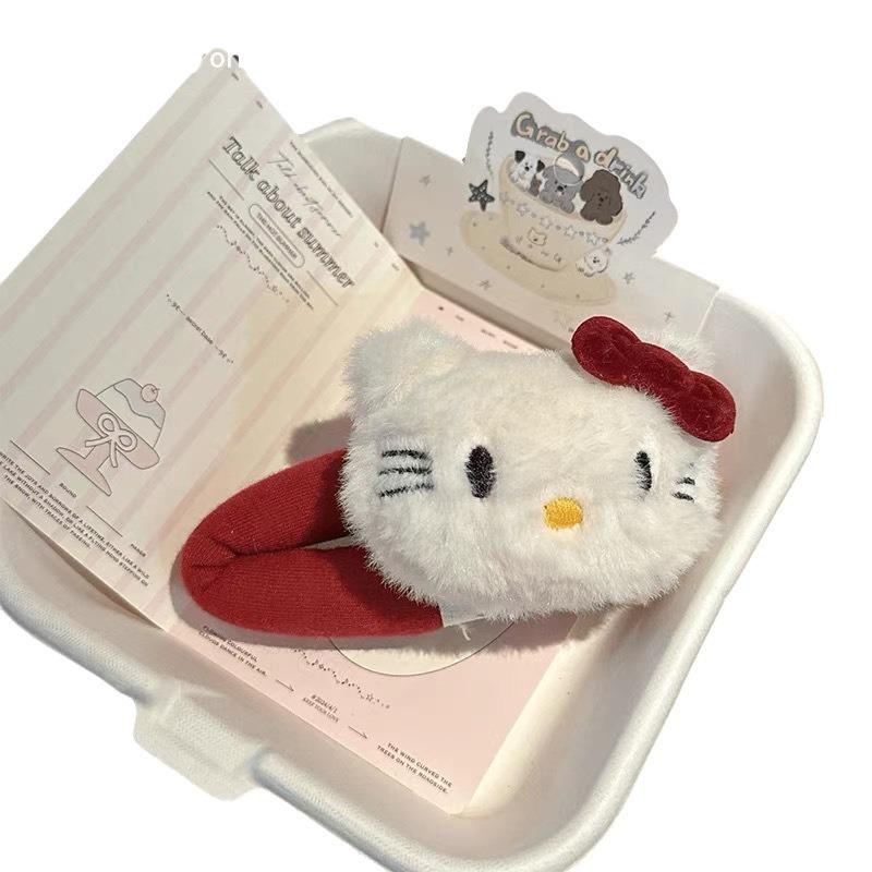 Cute plush Kitty sweet Encore red bow hair clip, girl's bangs cartoon BB hair accessory 2024 Item Picture