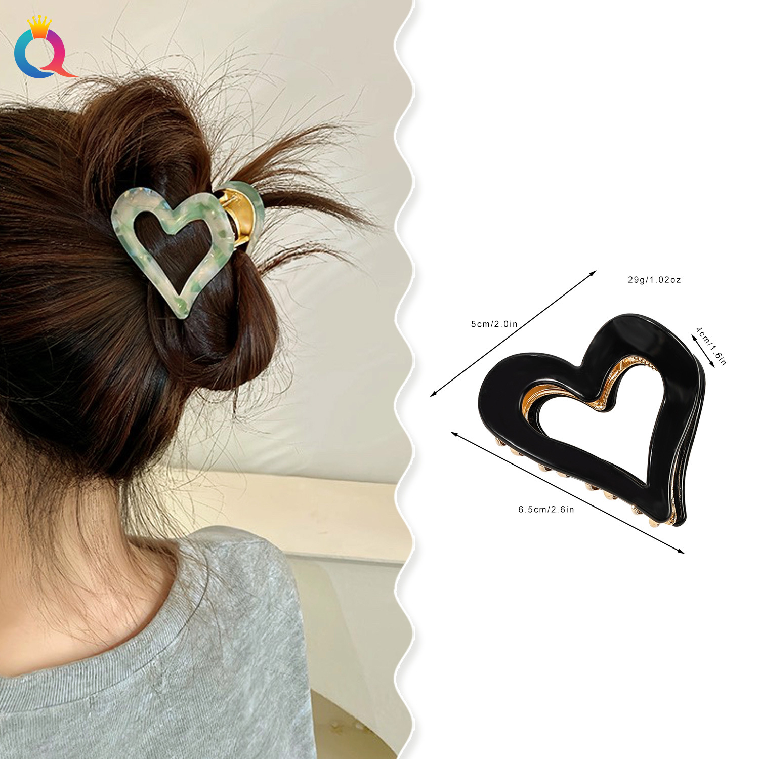Qiyue acetate alloy heart-shaped hair clips, high-end grab clips, ins shark clips, ponytail curls, grab hair accessories wholesale details Picture