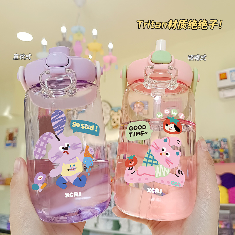 New cartoon straw cup, high appearance level, portable and cute girls' water bottle, large-capacity plastic cup specially designed for children to go to school Specification drawing