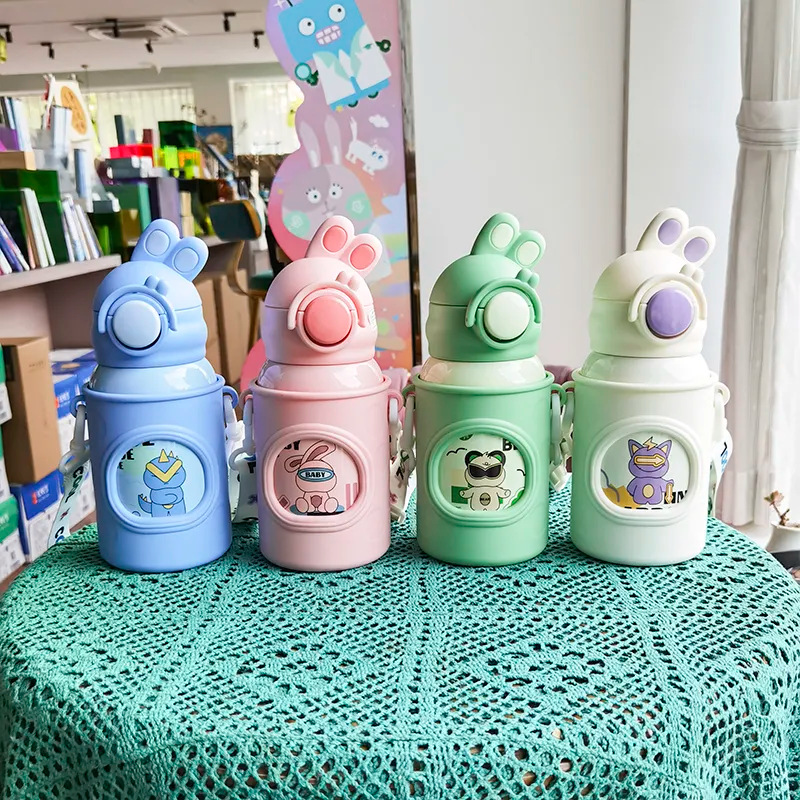 Cute rabbit insulated cup, children's cute girls' straw cup, crossbody high appearance level cartoon baby stainless steel cup details Picture
