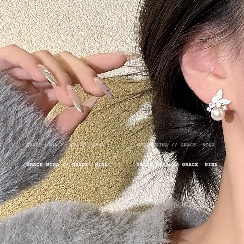 Light luxury glazed butterfly pearl exquisite zircon earrings, new style of elegant and high-end earrings, small and exquisite stud earrings for women Specification drawing