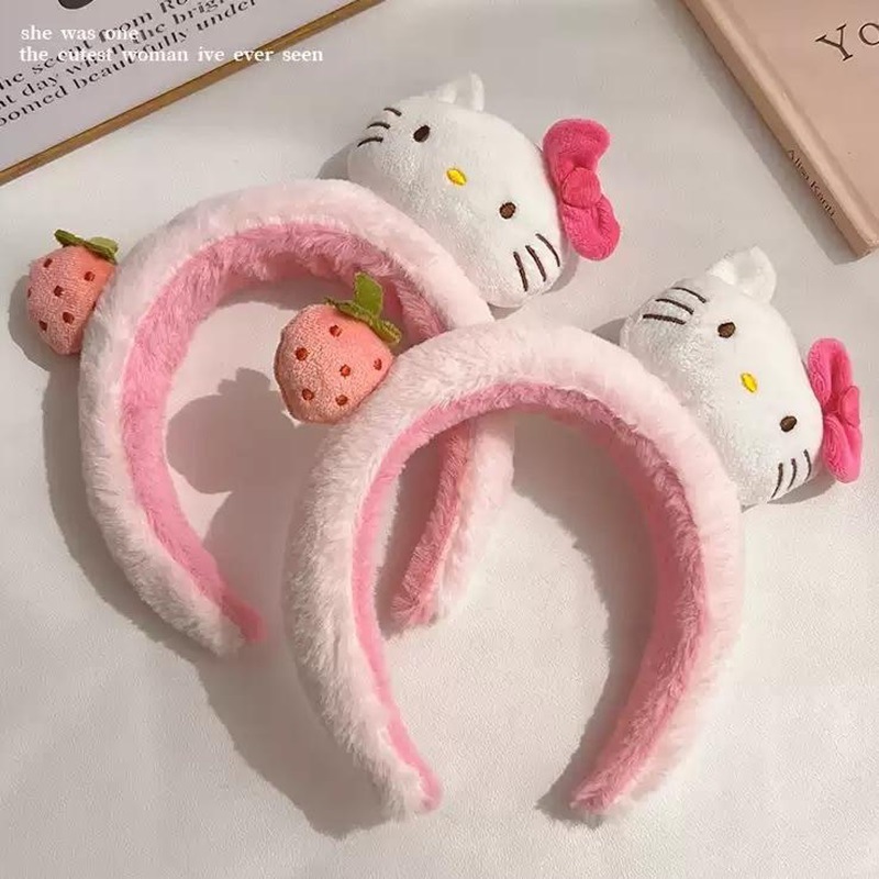 Cute strawberry kitty~ Plush hairband, high appearance level, girlish heart KT cat headband, face wash makeup hairpin, hair accessory Specification drawing