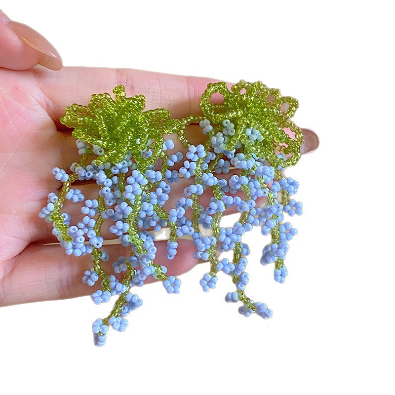 Summer vine handcrafted beaded tassel flower earrings, gentle and ladylike country style girl earrings, vacation style stud earrings Item Picture
