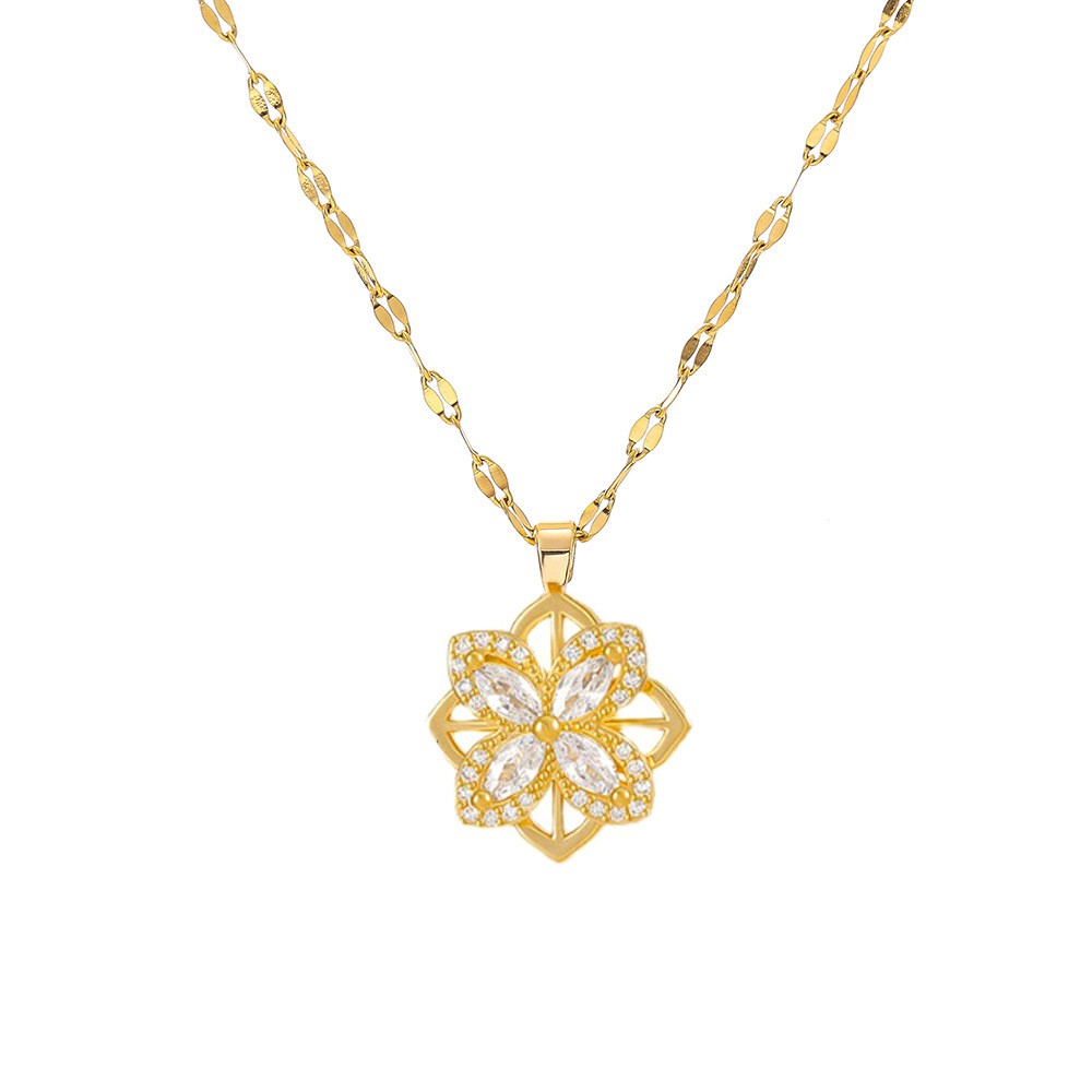 A full-diamond rotating four-leaf clover necklace for women with micro-inlaid double-layer zircon pendant and titanium steel collarbone chain, a simple and light luxury accessory Item Picture