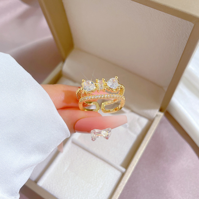 【 Real Gold 】 Double-layer zircon ring with adjustable opening, simple Japanese-style jewelry, couple rings details Picture