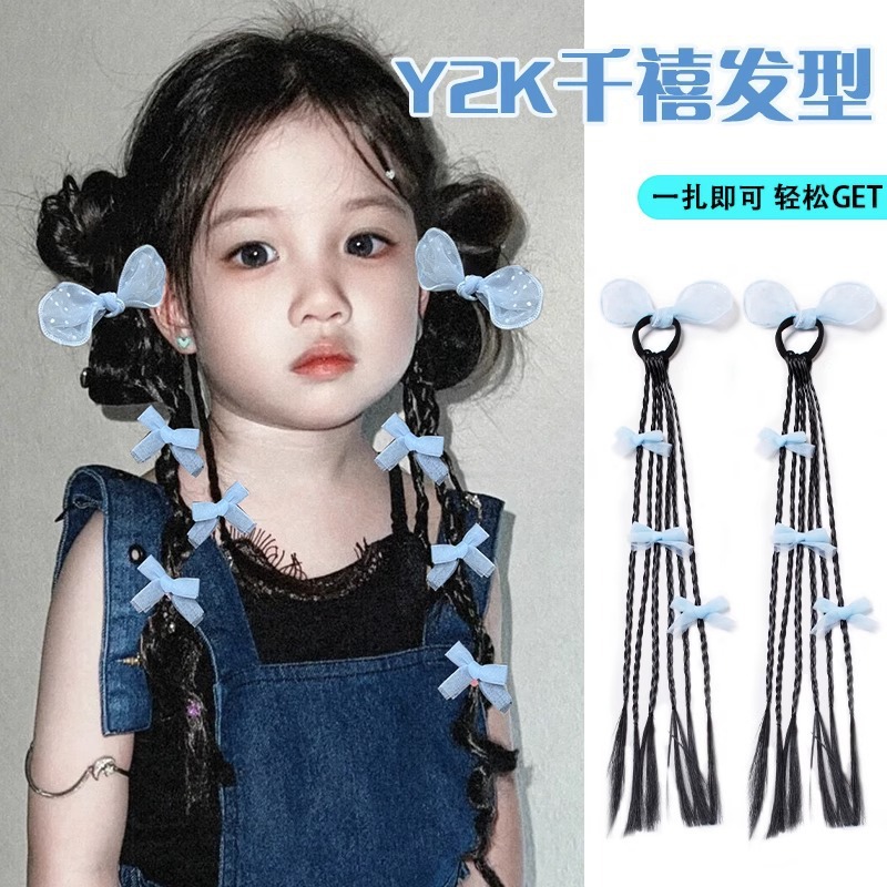 New children's wigs, boxing braids, braided hair, double ponytail hair bands, super fairy-like bow hair bands for girls Specification drawing