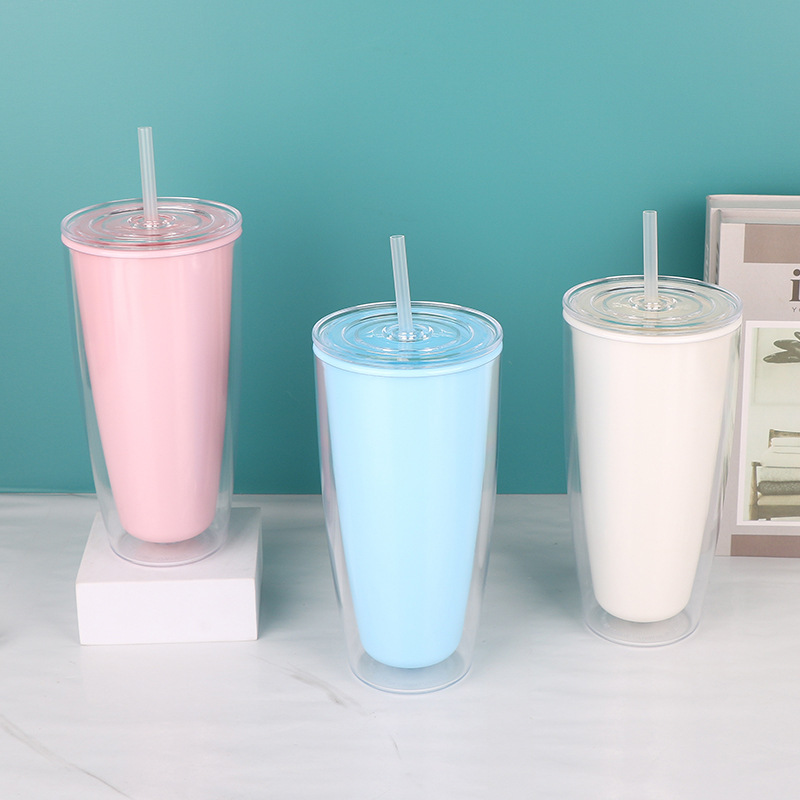 【 Processing and Customization 】 Wholesale of new plastic water cups for men and women, high appearance level double-layer straw cups, creative couple cups details Picture