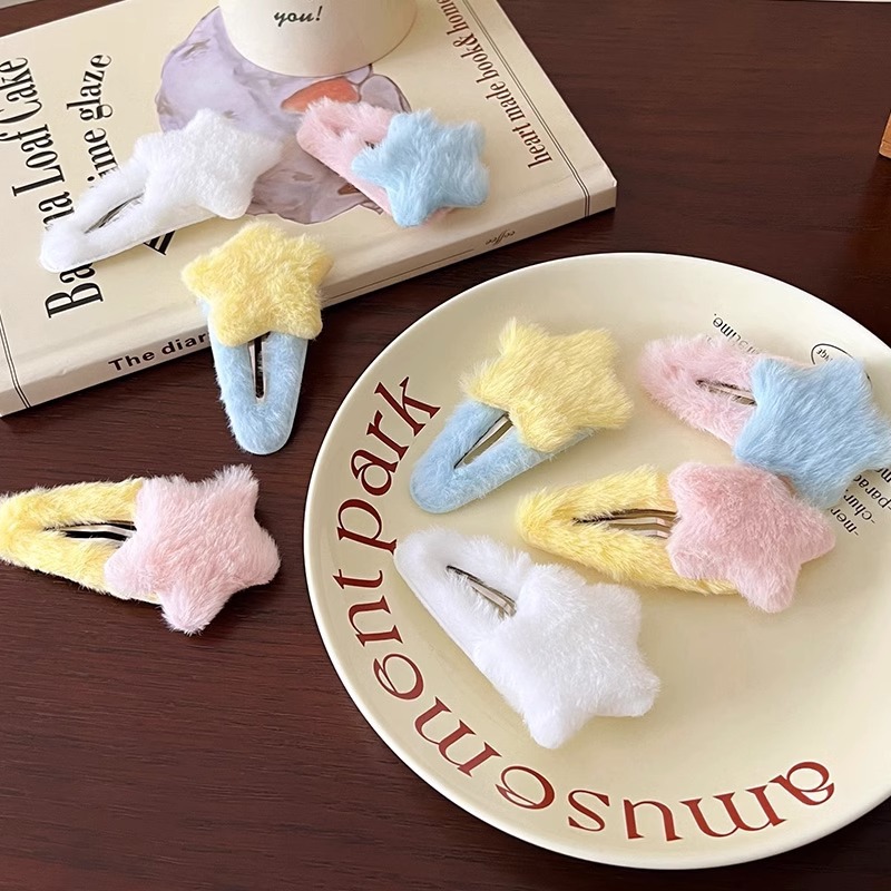 Autumn and winter plush dopamine star hair clips, cute and sweet five-pointed star hair clips, bb clips, side broken hair bangs clips details Picture