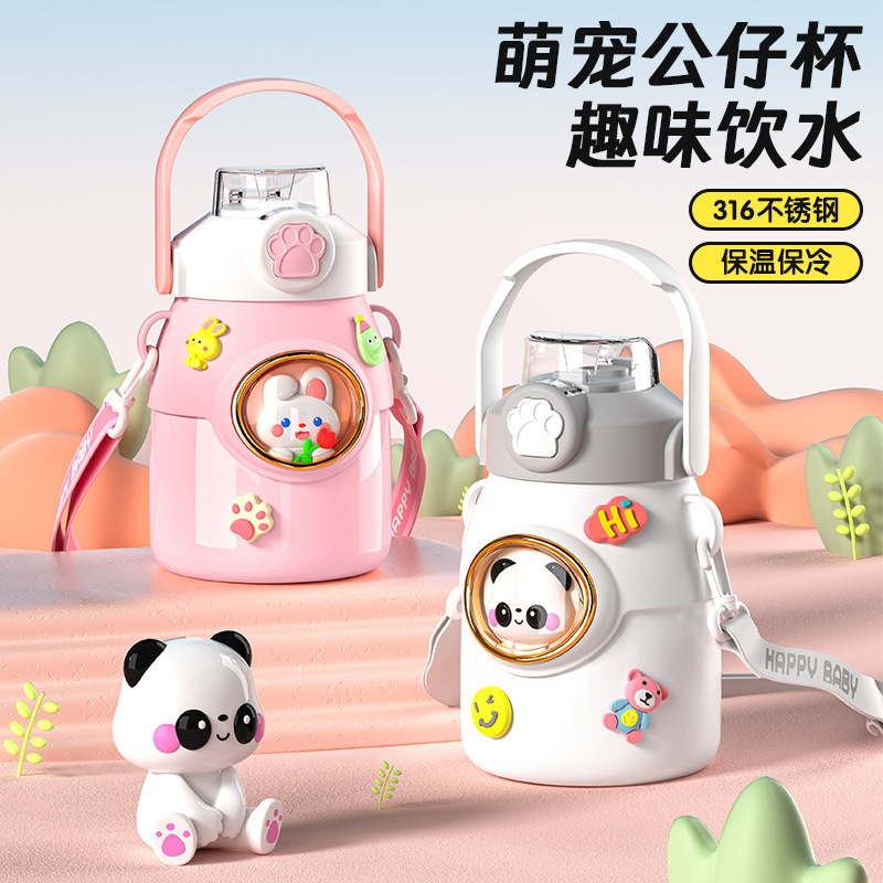 High appearance level 316 stainless steel children's insulated cup, large-capacity water bottle, student water cup, straw cup, internet-famous big-belted cup details Picture
