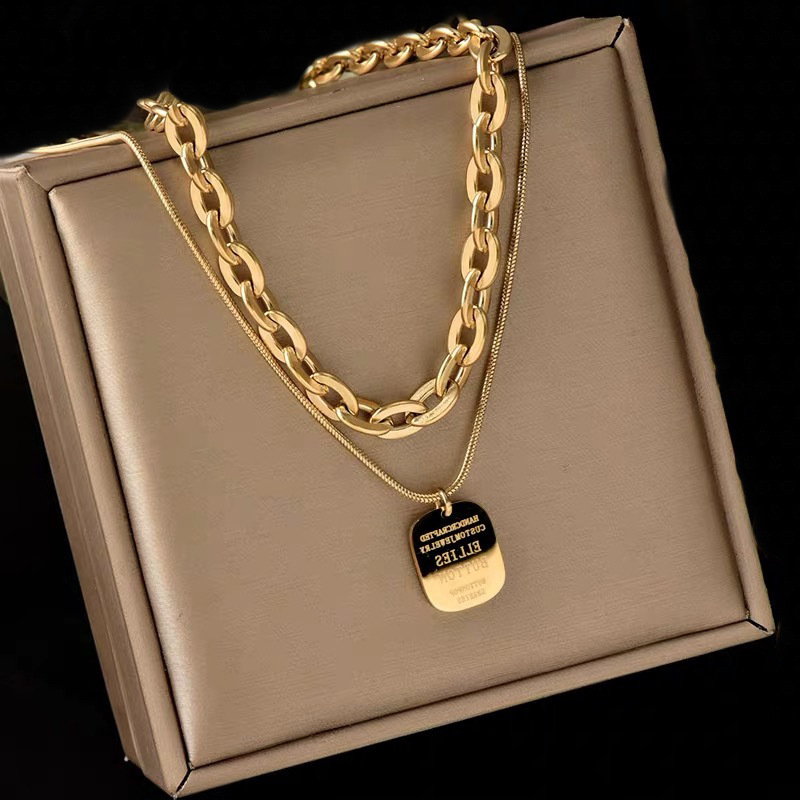 European and American cross-border personalized retro hip-hop heavy metal titanium steel double-layer chain square engraved tag thick necklace details Picture