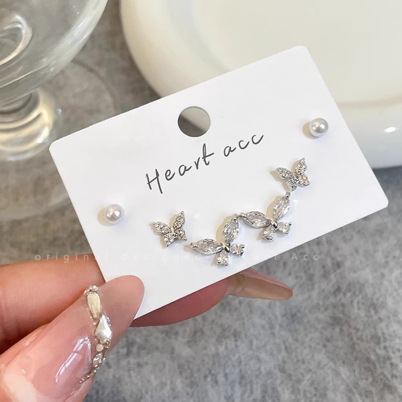 925 Silver Needle Butterfly Zircon Pearl Set Earrings Stud Women's Light Luxury Niche High-end Earbone Stud Earrings Specification drawing