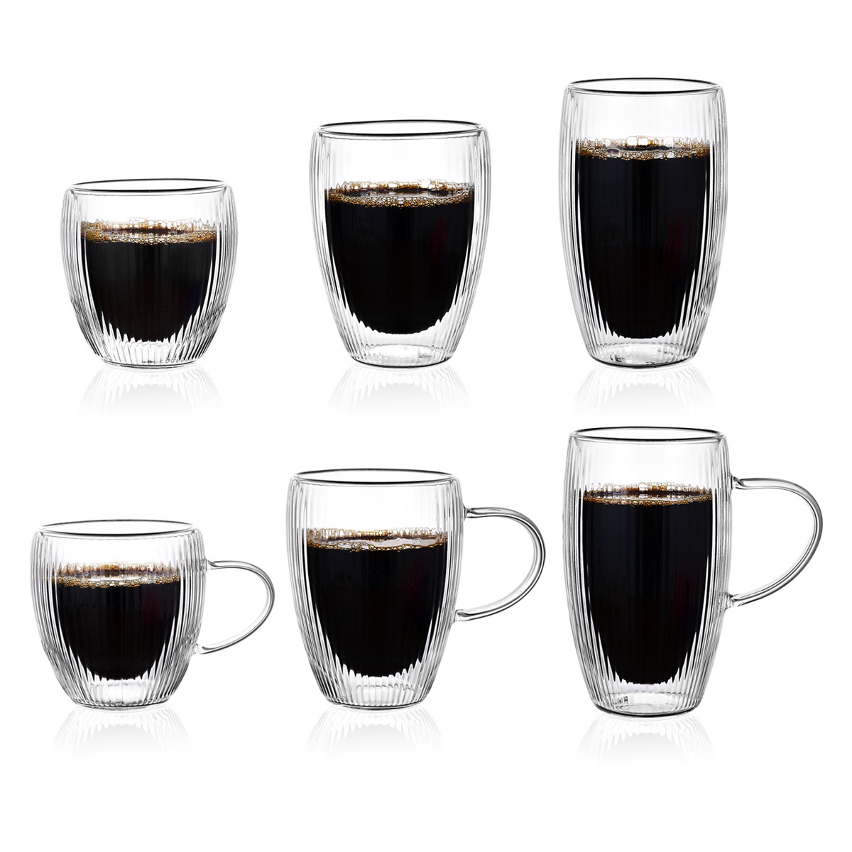 High borosilicate glass cups, household heat-insulating breakfast milk coffee cups, vertical pattern high-temperature resistant double-layer glass cups Item Picture