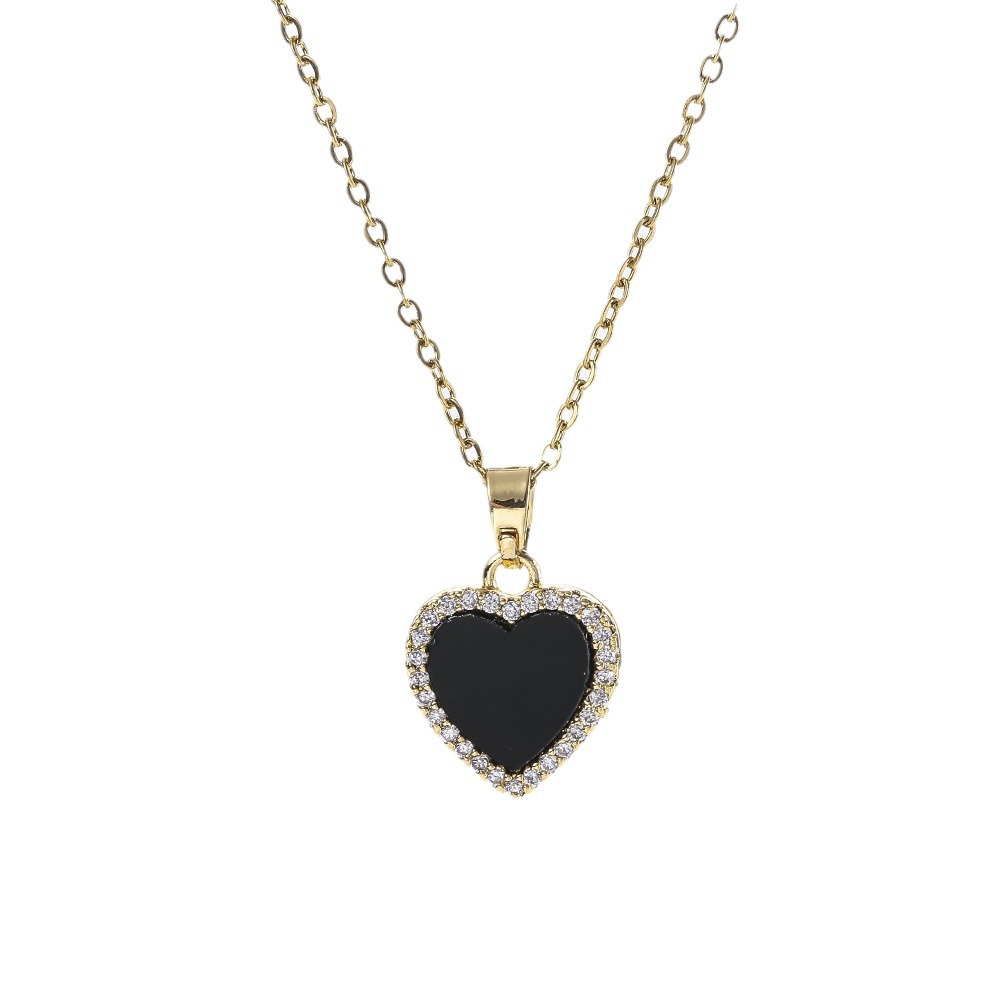 Black and white double-sided heart-shaped pendant titanium steel necklace, women's InS-style niche design sense heart-shaped full diamond collarbone chain accessory Item Picture