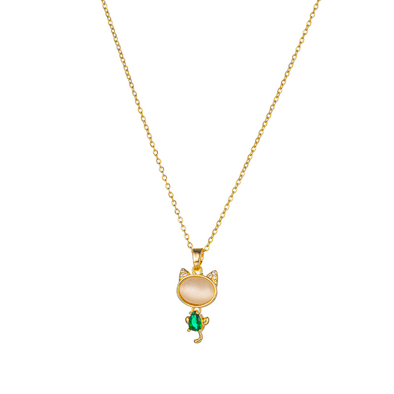 Japanese and Korean style, cat's eye stone inlaid cat pendant titanium steel necklace, women's niche design sense light luxury collarbone chain wholesale Item Picture