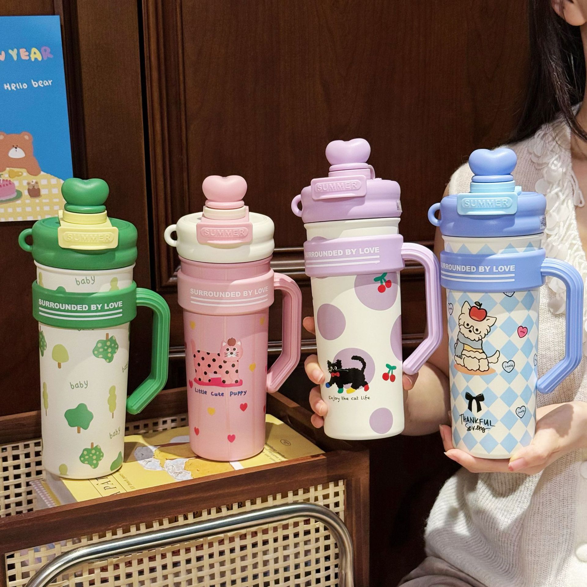 New large-capacity ice cup, high-appearation-level stainless steel cold water cup, double-drinking tea brewing with handle, girls' insulated cup details Picture
